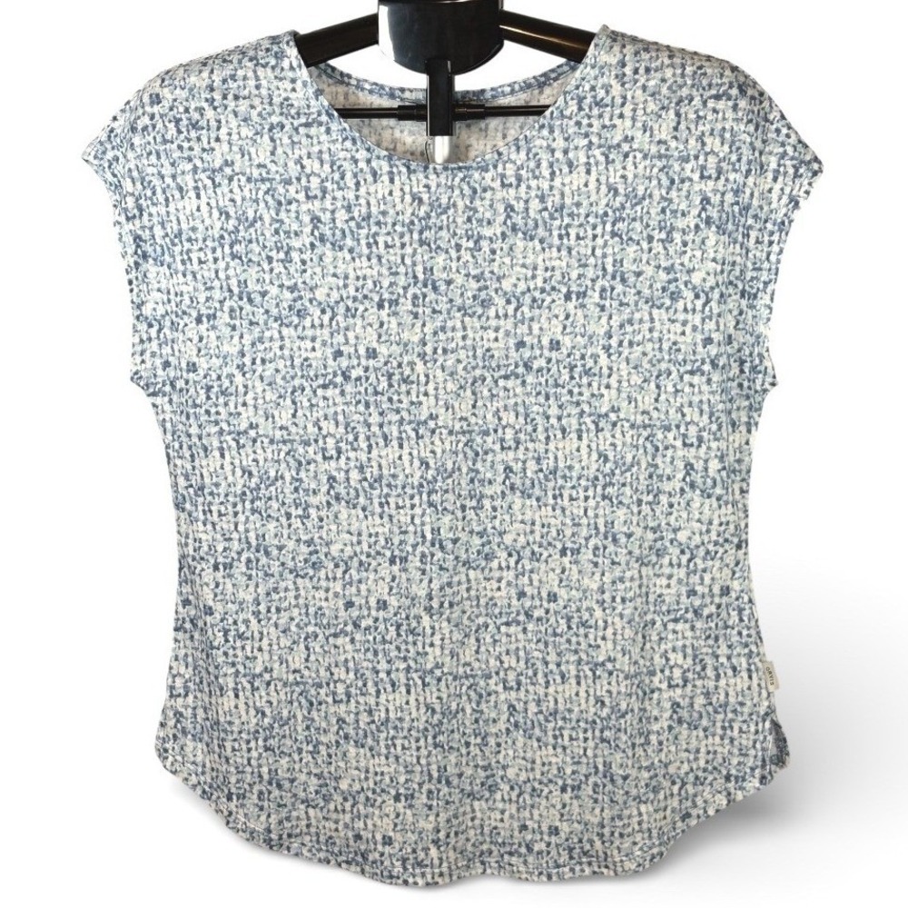 Orvis Womens Blue White Linen Blend Space Dye Short Sleeve Knit Top Small NEW